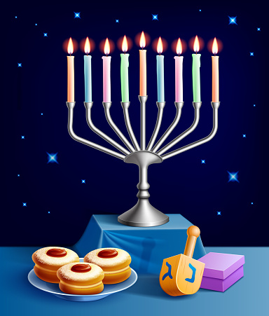 Indulge in the enchanting essence of Hanukkah through our lively vector illustration background. Adorned with glowing candles, delectable sufganiyot, dreidel and festive gifts, it captures the spirit of the Festival of Lights in vibrant detail.