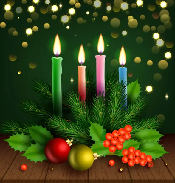 Vector illustration of Enchanting Christmas Scene, Candles, Fir, Holly, and Bokeh in Vector Illustration