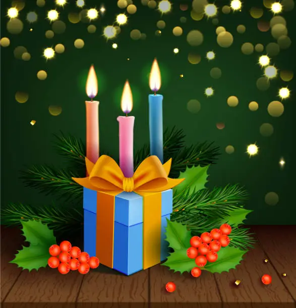 Vector illustration of Christmas candles adorned with fir and holly branches, accompanied by Christmas tree balls and gifts on the table, all set against a backdrop of bokeh