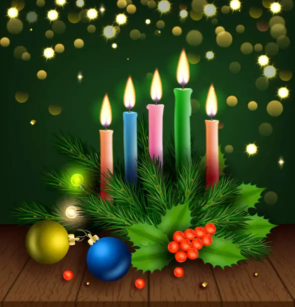 Vector illustration of Enchanting Christmas Scene, Candles, Fir, Holly, and Bokeh in Vector Illustration