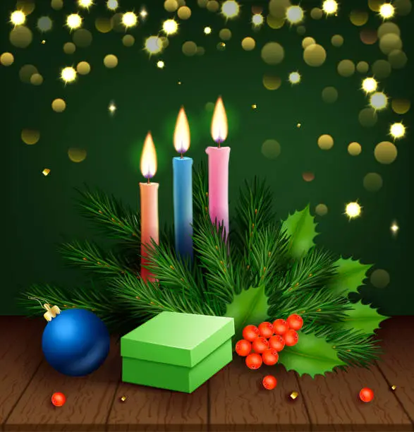 Vector illustration of Christmas candles adorned with fir and holly branches, accompanied by Christmas tree balls and gifts on the table, all set against a backdrop of bokeh