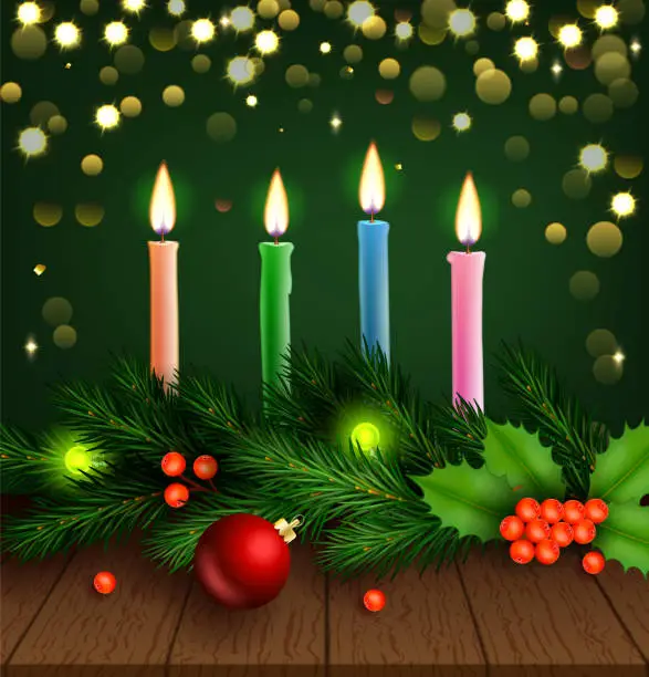 Vector illustration of Enchanting Christmas Scene, Candles, Fir, Holly, and Bokeh in Vector Illustration