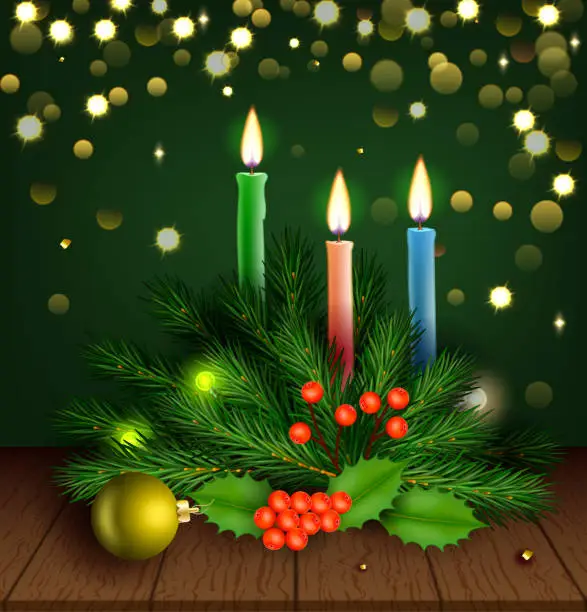 Vector illustration of Enchanting Christmas Scene, Candles, Fir, Holly, and Bokeh in Vector Illustration