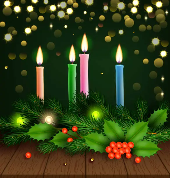 Vector illustration of Captivating Holiday Illustration, Festive Candles, Fir, Holly, and Bokeh
