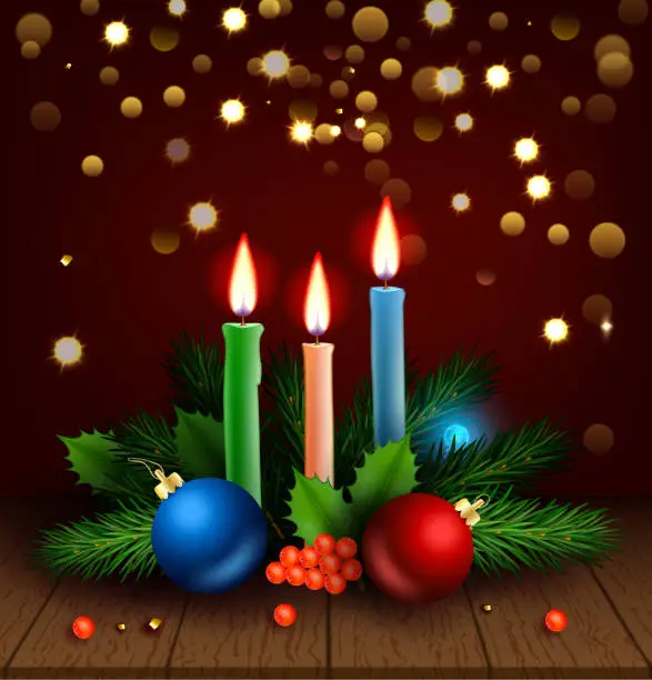 Vector illustration of Enchanting Christmas Scene, Candles, Fir, Holly, and Bokeh in Vector Illustration
