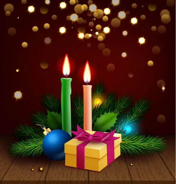 Vector illustration of Christmas candles adorned with fir and holly branches, accompanied by Christmas tree balls and gifts on the table, all set against a backdrop of bokeh