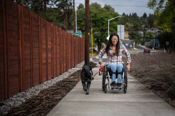 istock Active Asian woman using a wheelchair while taking her pet dog for a walk 1821029448
