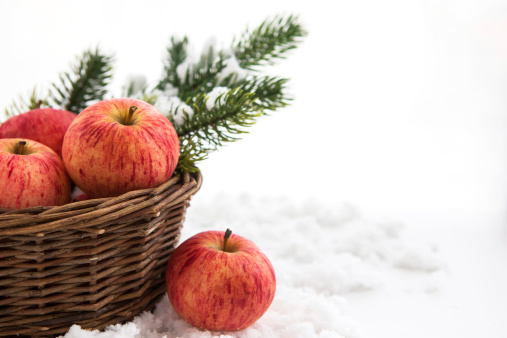 Christmas composition with red apples in basket and branch of snow-covered christmas tree