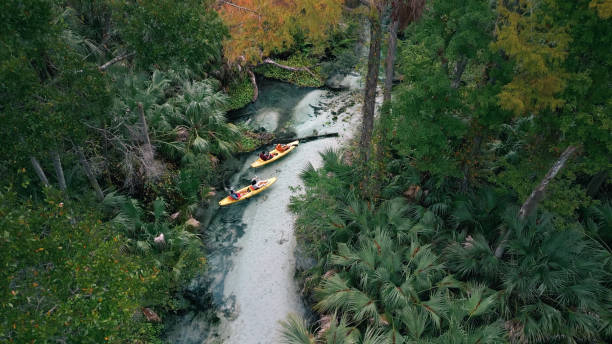 istock Family Kayaking Florida Springs - High Wide Angle Drone - Freshwater River 1821045651