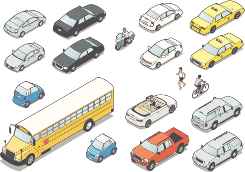 Isometric vehicles include various cars, convertible, subcompact, taxi, SUV, pickup, motorcycle, school bus, jogger and cyclist. Front and back. Illustrations do not represent specific vehicle makes or models.