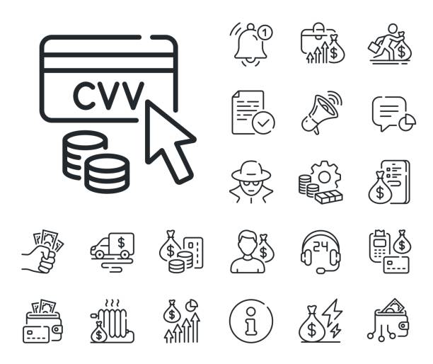 CVV code line icon. Credit card sign. Cash money, loan and mortgage. Vector Credit card sign. Cash money, loan and mortgage outline icons. CVV code line icon. Online money symbol. CVV code line sign. Credit card, crypto wallet icon. Inflation, job salary. Vector cvc stock illustrations