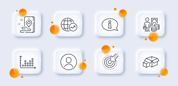 Targeting, Place and Money profit line icons pack. For web app. 3d glass buttons. Vector Targeting, Place and Money profit line icons pack. 3d glass buttons with blurred circles. Headshot, World statistics, Packing boxes web icon. Dot plot, Information pictogram. Vector box plot graph stock illustrations