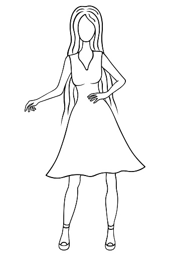 Woman in a dress. Sketch. Lady with flowing hair in a beautiful pose. The dress is sleeveless, with a deep neckline and a flared hem of the skirt. Vector illustration. A cute doll in sandals rests her palm on her waist. Doodle style. Outline on isolated background. Coloring book for children. Idea for web design, invitations.