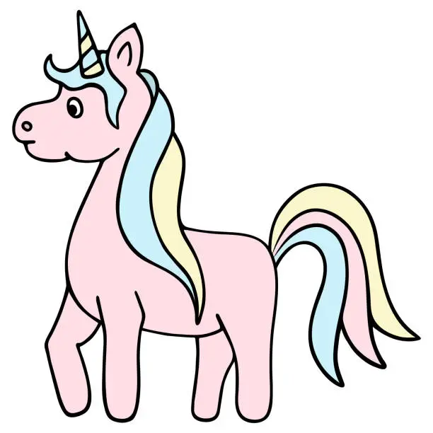 Vector illustration of Pink unicorn. Magic horse with a horn on its head. Cute pony with a lush blue-yellow mane and tail.