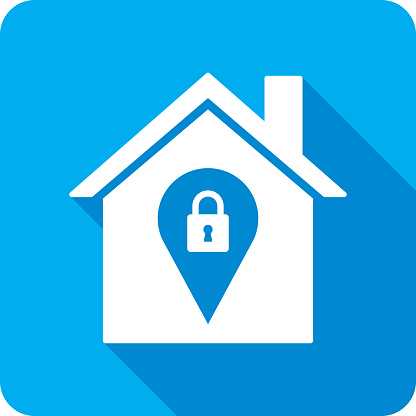 Vector illustration of a house with location marker and lock icon against a blue background in flat style.