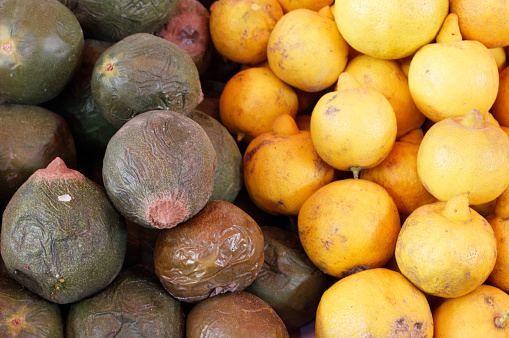 Close up of exotic fruits in the central covered market of Arequipa, Peru.