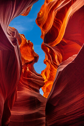 View to spectacular sandstone walls of lower Antelope Canyon