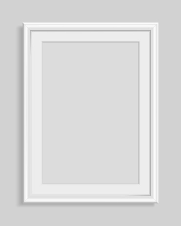 Realistic vertical blank white picture frame with shadow. Empty rectangular photo frame for art gallery or interior. Vector illustration isolated on gray background.