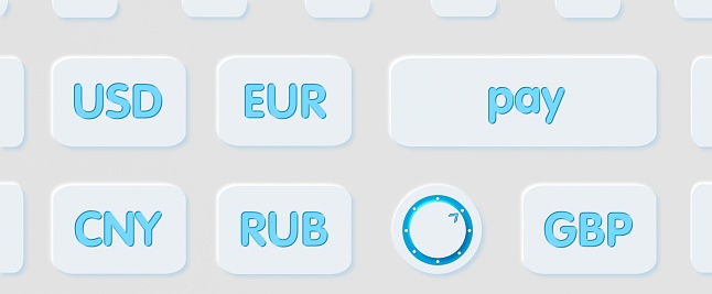 A 3 D keyboard in the new design Neumorphism. On the keys are abbreviations of currenciesDollar, Euro, Ruble, English Pound, Chinese Renminbi.