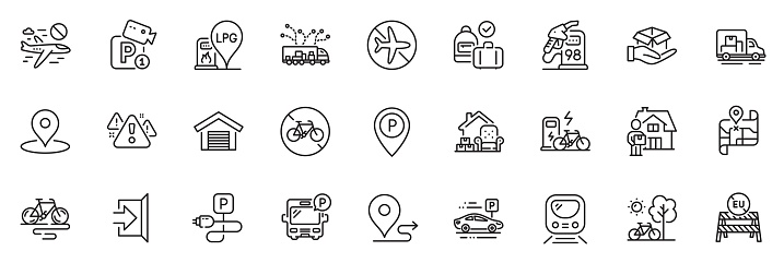 Icons pack as Petrol station, Journey and Warning line icons for app include Gas station, Carry-on baggage, Charging parking outline thin icon web set. Bus parking, Electric bike. Vector