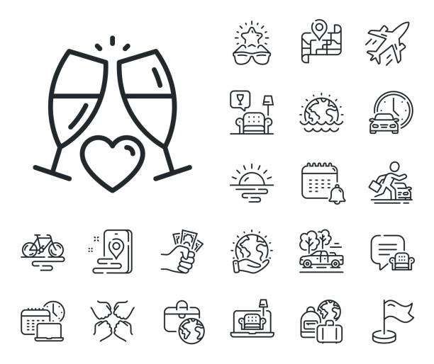 Love champagne line icon. Wedding glasses sign. Plane jet, travel map and baggage claim. Vector Wedding glasses sign. Plane jet, travel map and baggage claim outline icons. Love champagne line icon. Couple relationships symbol. Wedding glasses line sign. Car rental, taxi transport icon. Vector airport sunrise stock illustrations