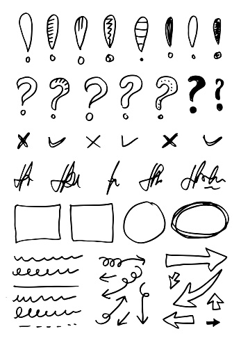 Doodle vector lines and curves.Hand drawn check, signature, and arrows signs. Set of simple doodle lines, curves, frames and spots. Collection of pencil effects. Doodle border. Simple doodle set.