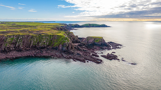 Aerial photo from a drone of the coastline in Milford Haven, Pembrokeshire, Wales, UK.