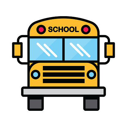 Vector illustration of a school bus icon against a white background in line art style.