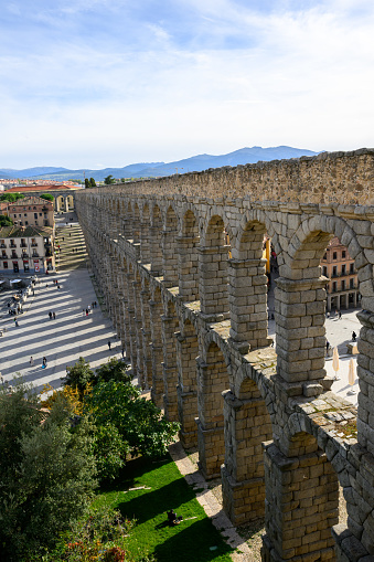 Roman aqueduct of Segovia on sunny day