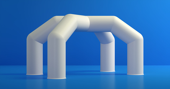 Inflatable Arch on Four Supports. Advertising Arch Template. Exhibition Stand Gate Entrance, Event Archway, Arch design on Blue Backdrop. Suitable for Events, Races, Marathon and Other Sports. 3D Render Illustration.