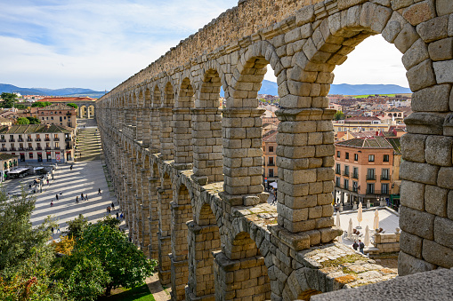 Roman aqueduct of Segovia on sunny day