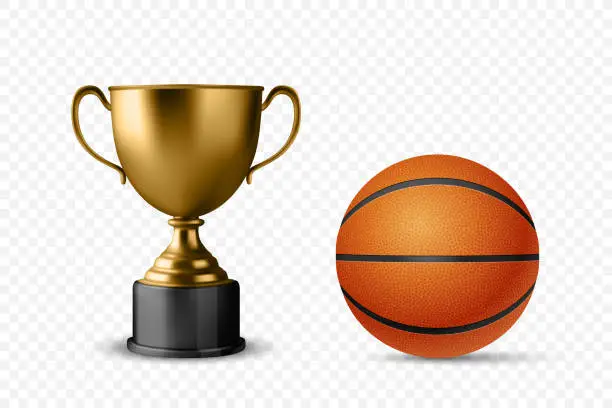 Vector illustration of Realistic Vector 3d Blank Golden Champion Cup Icon with Basketball Set Closeup Isolated. Design Template of Championship Trophy. Sport Tournament Award, Gold Winner Cup and Victory Concept