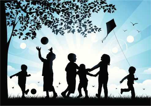 Children playing in the park, three friends are playing ring around the rosy, a children playing with kite.
