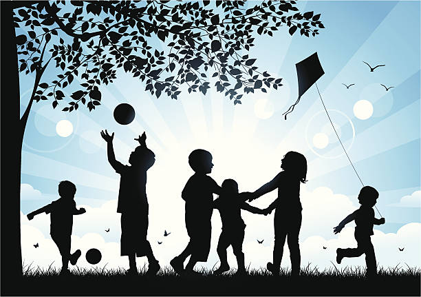 Children playing in the park Children playing in the park, three friends are playing ring around the rosy, a children playing with kite. child silhouettes stock illustrations