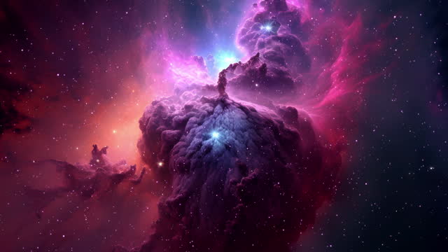 Space animation of flying through nebula. An distinct luminescent part of interstellar medium, which can consist of ionized, neutral, or molecular hydrogen and also cosmic dust.