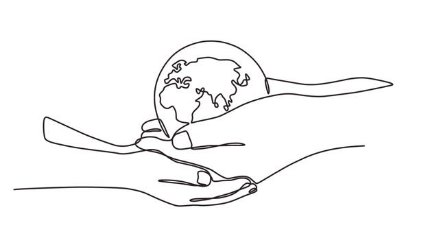Animated video of a hand holding a globe in continuous line style.