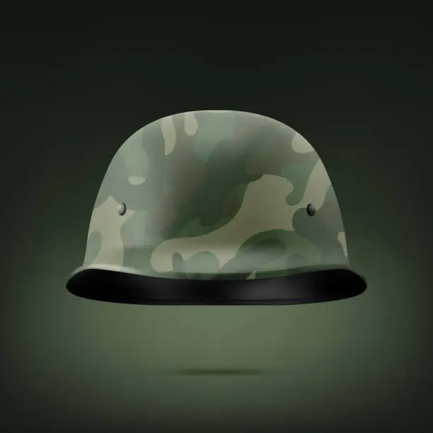 Vector illustration of Vector 3d Realistic Military Protect Helmet Icon Closeup. Helmet, Army Symbol of Defense and Protect. Soldier Helmet Design Template