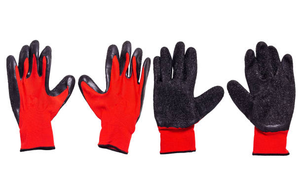 istock Red plastic gloves isolated on white background 1821226534