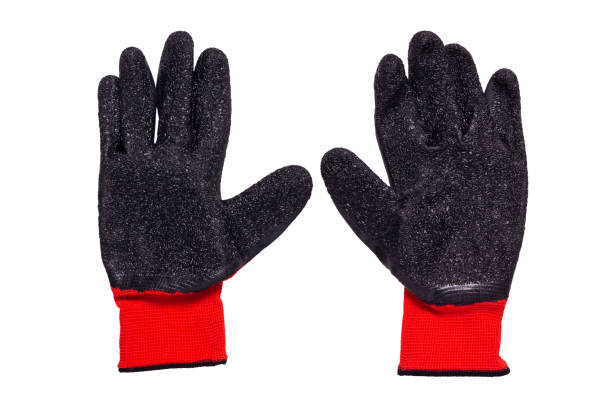 istock Red plastic gloves isolated on white background 1821227043