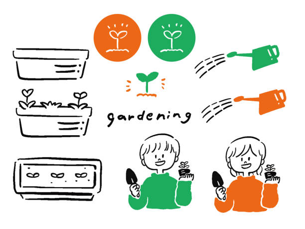 정원 가꾸기에 대한 간단한 손으로 그린 스타일 일러스트레이션 세트 - 2270 stock illustrations
