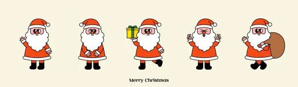 Vector illustration of Groovy Christmas character set. Funny cartoon Xmas. Hippie 70s 60s Santa Claus. Cute mascot Collection. Trendy retro style. Holiday winter element design isolated. Vintage vector flat illustration.