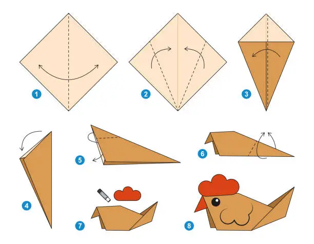 Vector illustration of Origami tutorial for kids. Origami cute hen.