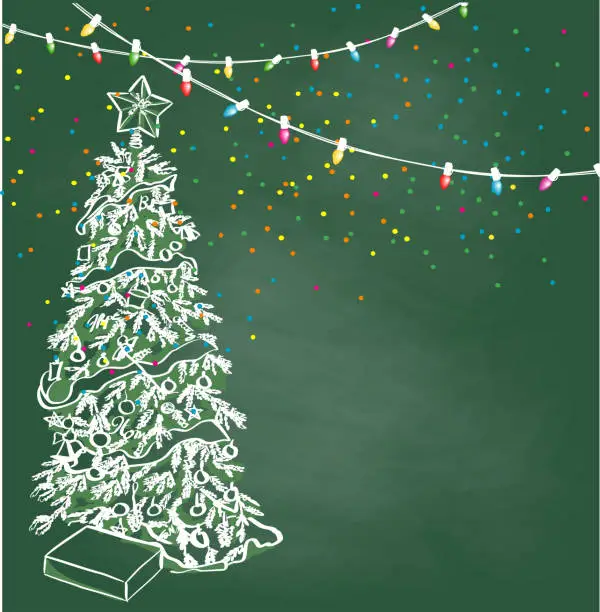 Vector illustration of Christmas Lights And Tree Background Chalkboard