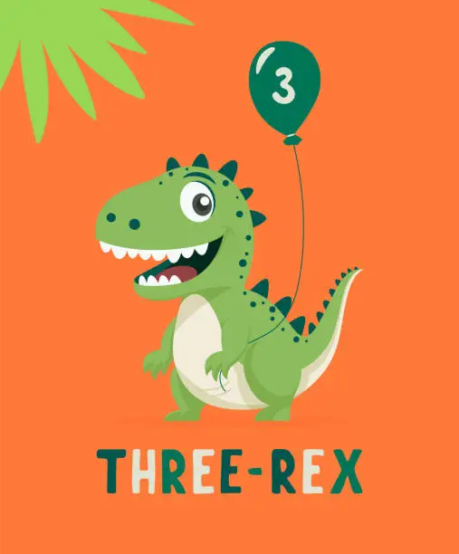 Vector illustration of Dinosaur Tirannosaur Three Rex. Cartoon Tirex. Happy Birthday Card for a Child for Three Years. Vector Cute and Funny Cartoon Hand Drawn Dinosaur Holding Balloon. Kids, Children s Illustration, Print