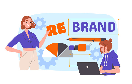 Rebrand in company concept. Branding and marketing. Graphic designers team work at logotype for company and organization. Cartoon flat vector illustration isolated on white background