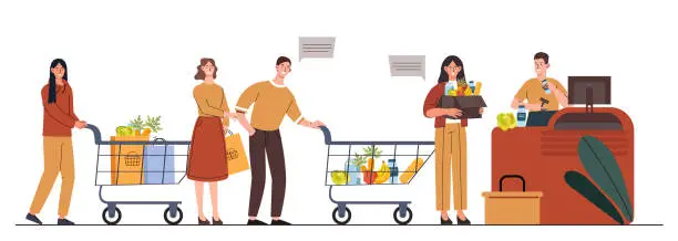 Vector illustration of People queue at supermarket vector concept