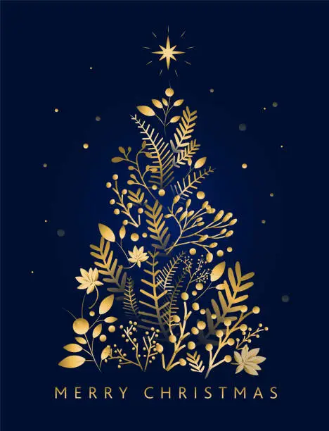 Vector illustration of Merry Christmas Greeting card design template in dark blue with Christmas Tree shape made from hand drawn branches and florals