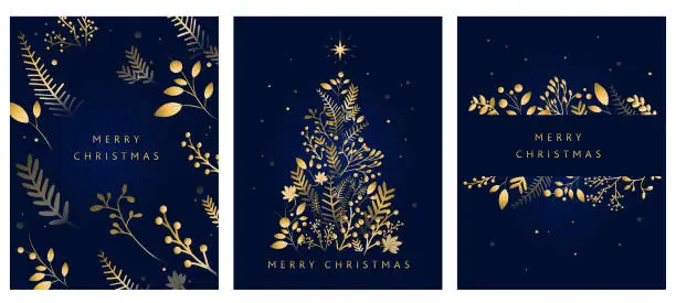 Vector illustration of Set of Merry Christmas Greeting card design templates in dark blue with Christmas Tree shape made from hand drawn branches and florals