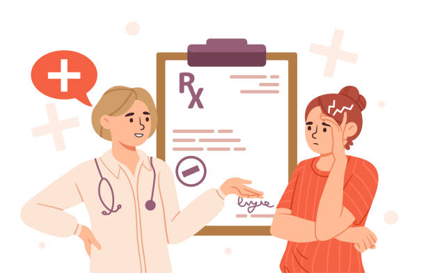 Medical prescription vector concept Medical prescription concept. Doctor give to patient drugs. Health care and medicine. Document for pharmacist. Diagnosis and treatment. Cartoon flat vector illustration isolated on white background giving medication stock illustrations