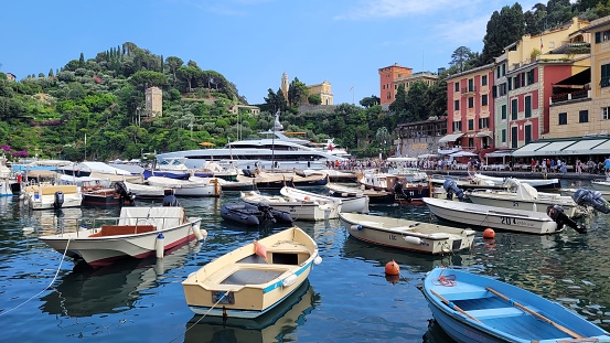 View of boats and architecture in the village of Portofino on the Italian Riviera Coastline